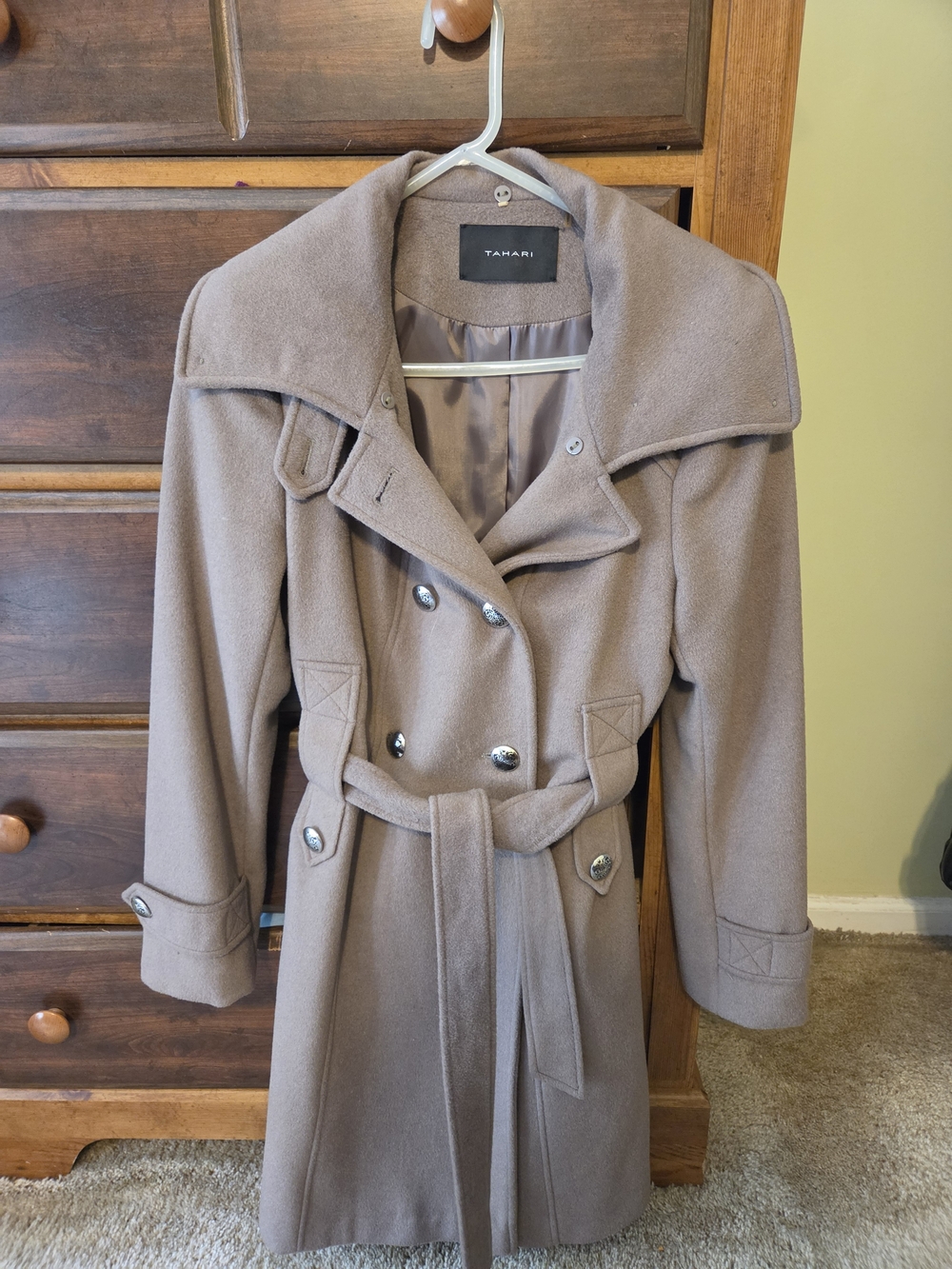 Tahari Taupe Double-Breasted Wool-Blend Trench Coat with Belt